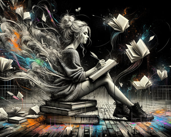 Young woman writing among colorful open books