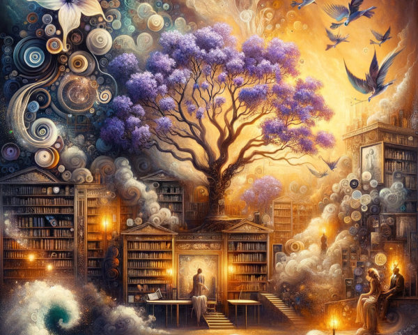 Serene Library Merging with Dreamlike Landscape