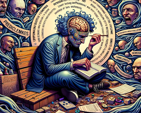 Person Reading on Bench Surrounded by Surreal Faces