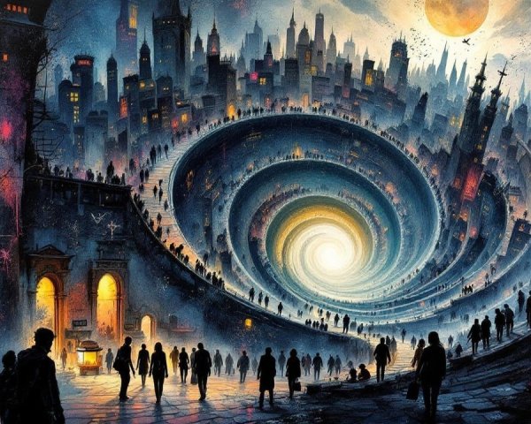 Surreal cityscape with luminous vortex and silhouettes