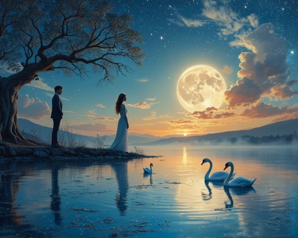 Lakeside Scene with Moonlight and Swans at Night