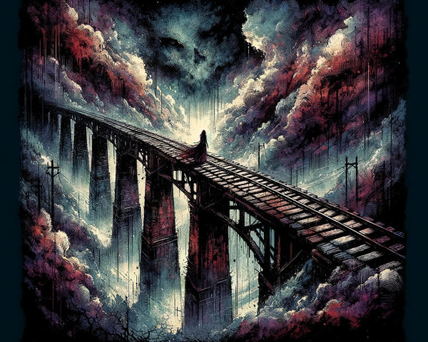 Solitary Figure on Abandoned Railway Bridge with Clouds