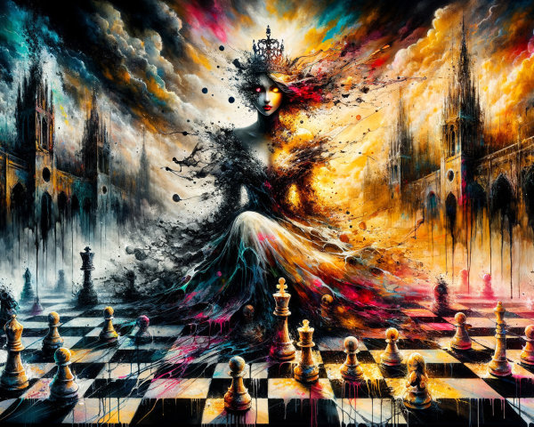 Surreal Queen Amidst Colorful Chaos and Gothic Elements