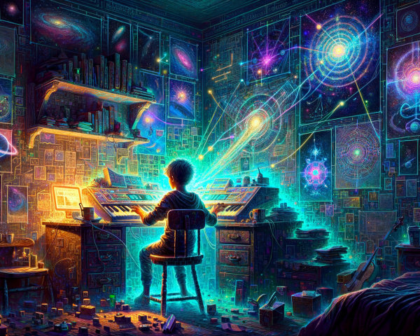 Young person at keyboard in cosmic artwork setting