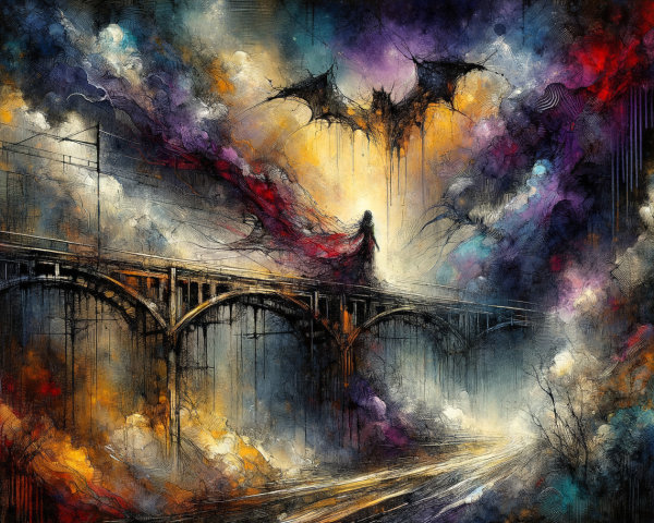Ethereal Figure on Bridge with Dramatic Cloudscape