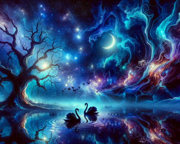 Vibrant Cosmic Scene with Swans and Gnarled Tree
