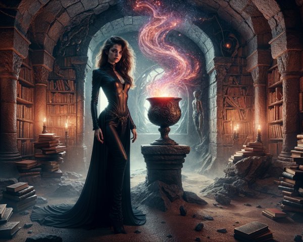 Mysterious Woman in Ancient Library with Cauldron
