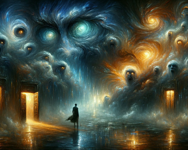 Surreal Landscape with Luminous Doors and Clouds