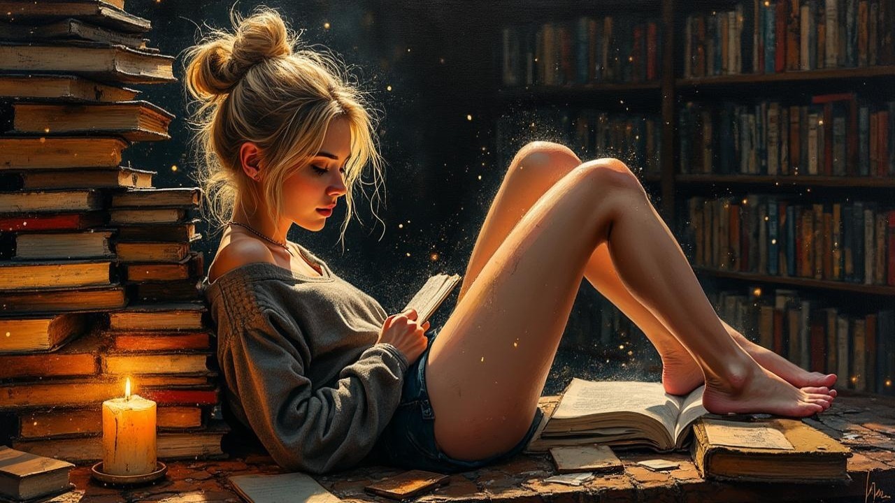 Young woman reading by candlelight in cozy setting