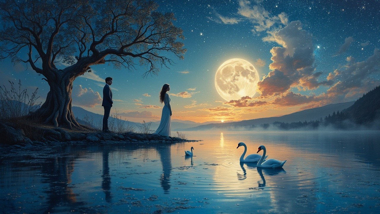 Lakeside Scene with Moonlight and Swans at Night