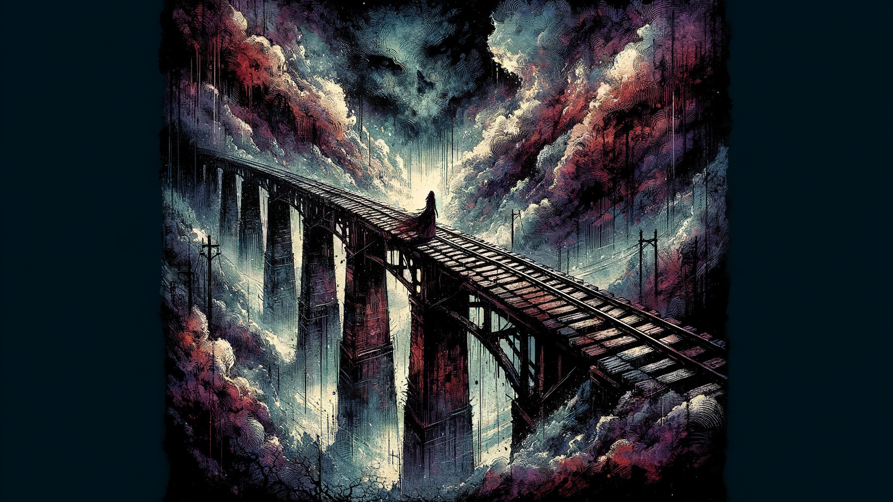 Solitary Figure on Abandoned Railway Bridge with Clouds