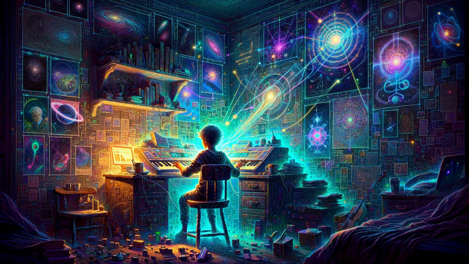 Young person at keyboard in cosmic artwork setting