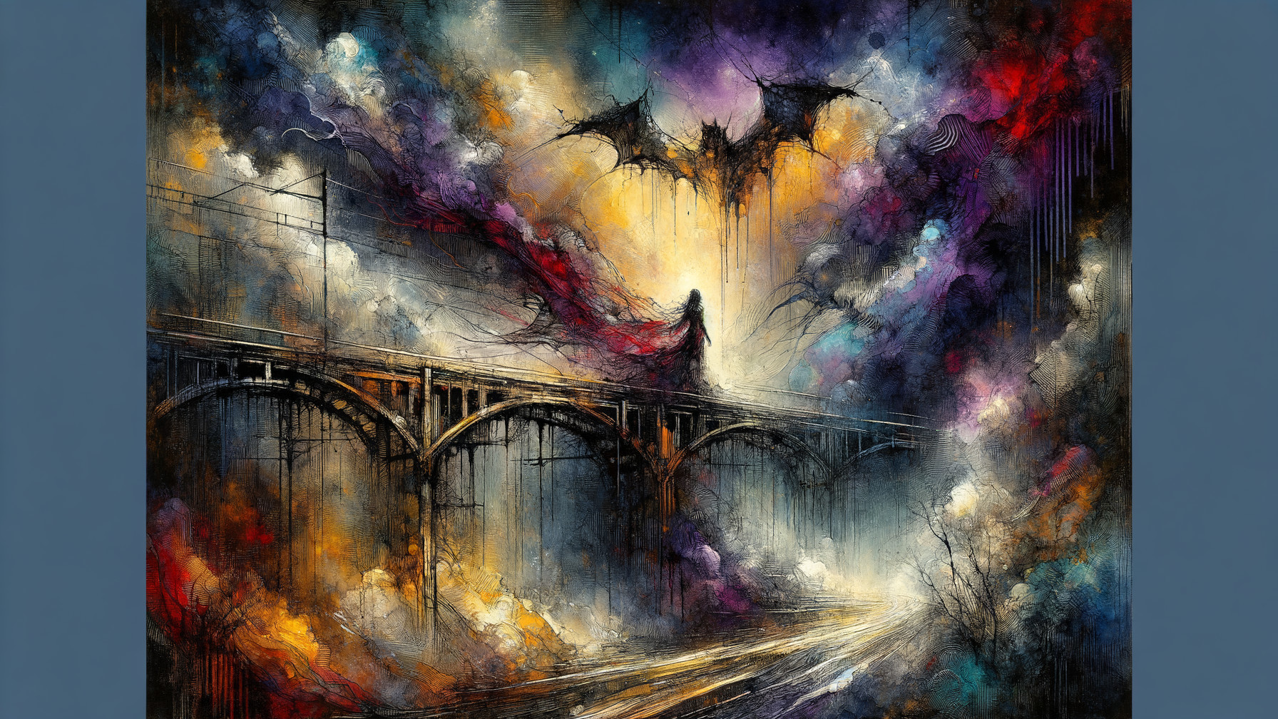 Ethereal Figure on Bridge with Dramatic Cloudscape