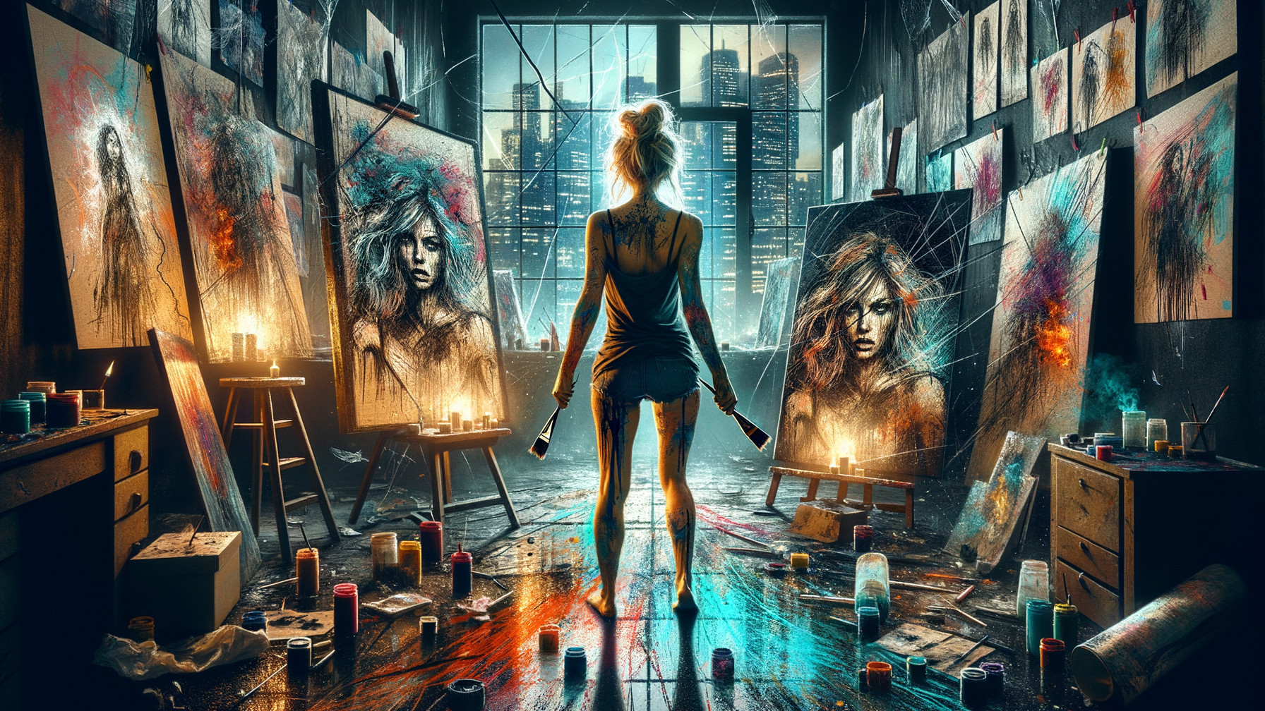 Colorful Portraits in a Dimly Lit Artist's Studio
