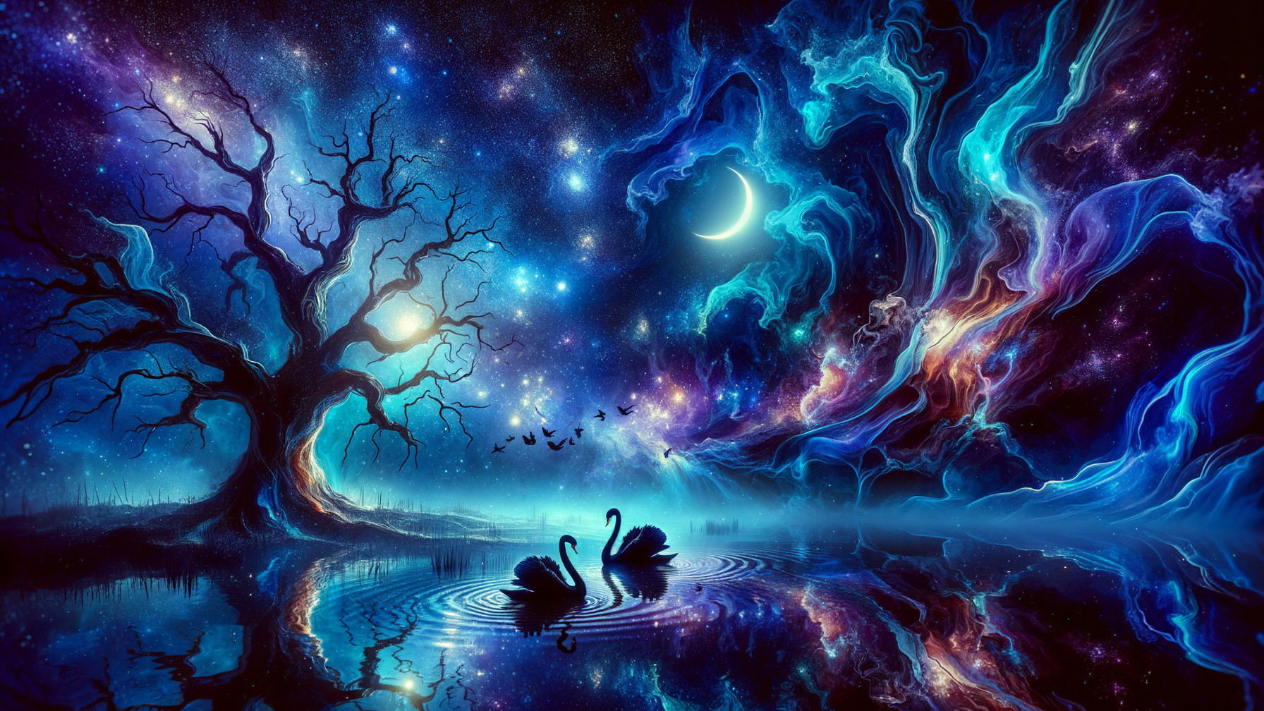 Vibrant Cosmic Scene with Swans and Gnarled Tree