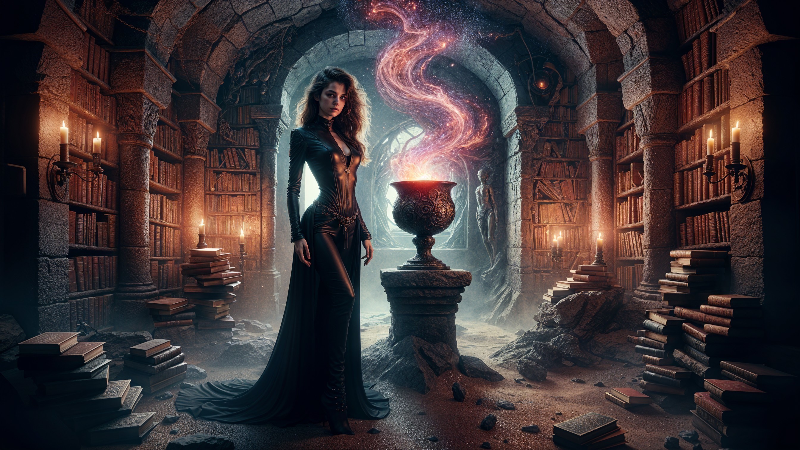 Mysterious Woman in Ancient Library with Cauldron