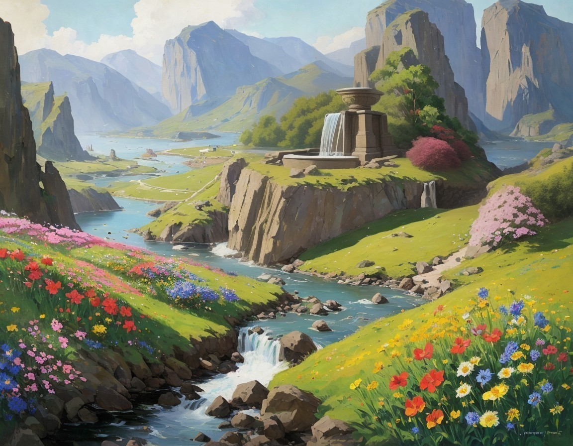 Lush valley painting with river, waterfalls, flowers, and fountain