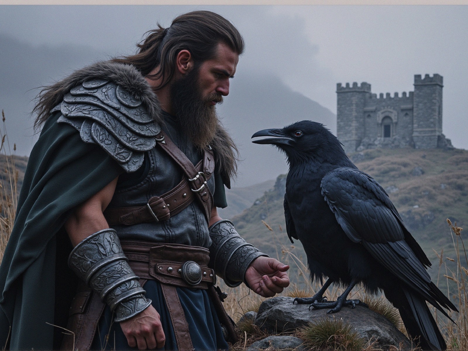 Rugged Warrior in Misty Landscape with Castle and Raven