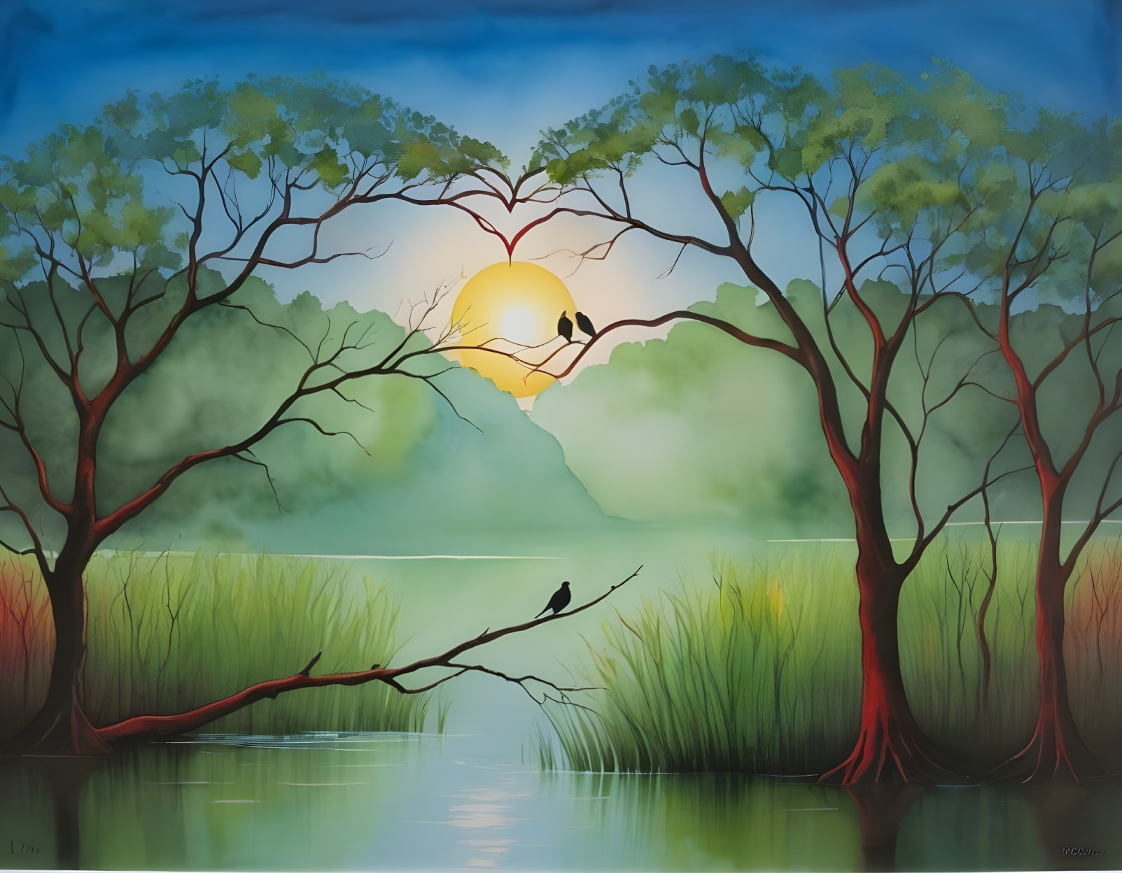 Tranquil Dawn Landscape with Birds and Reflective Waters