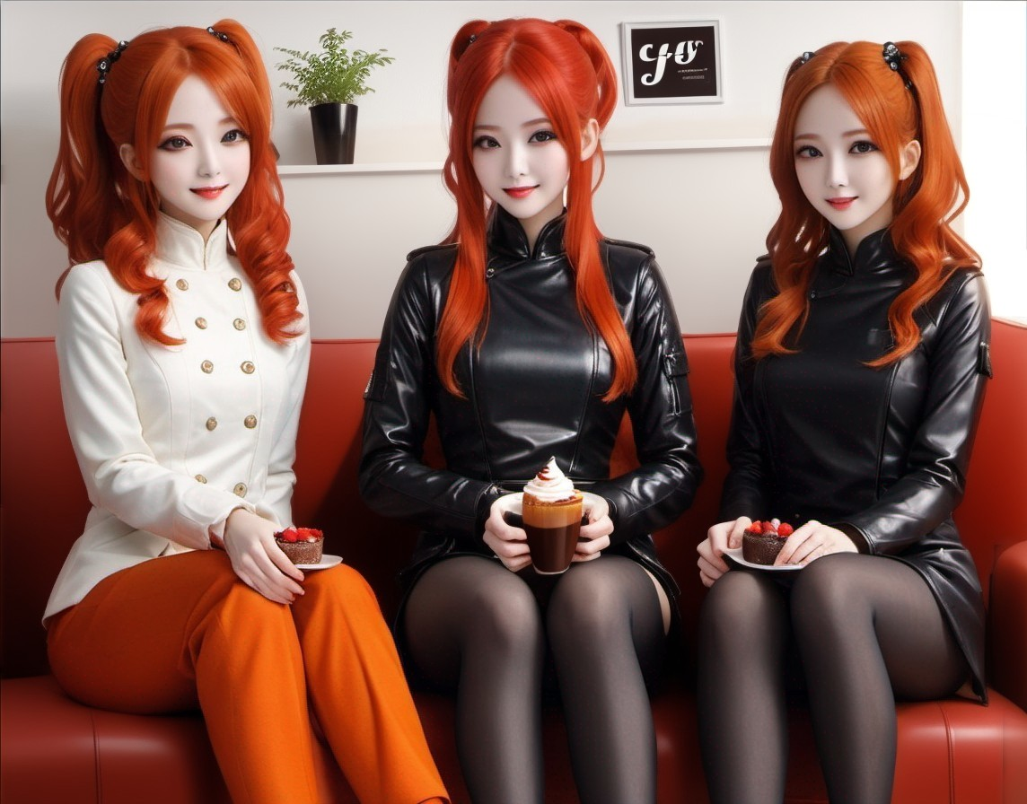 Three Women with Red Hair in Leather Jackets on Couch