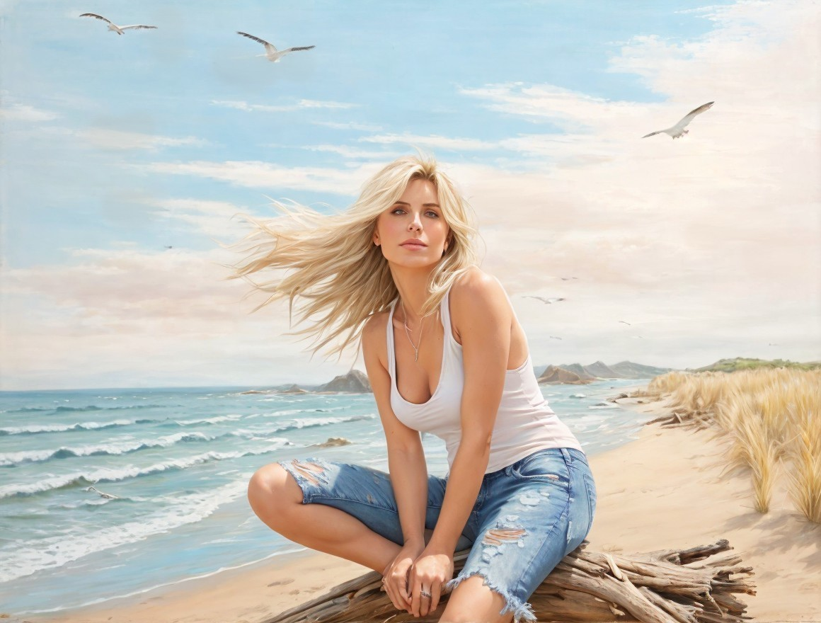 Serene beach scene with woman on driftwood by waves