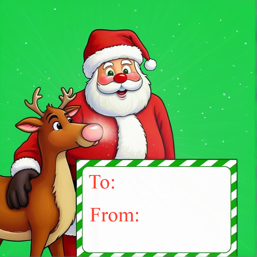 Cheerful Santa Claus and reindeer on festive background