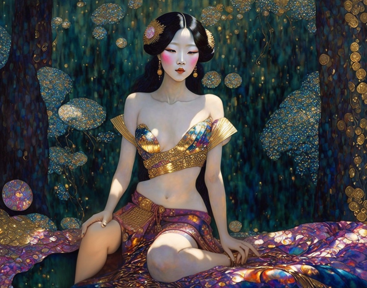 Elegant Woman in Shimmering Foliage and Golden Patterns