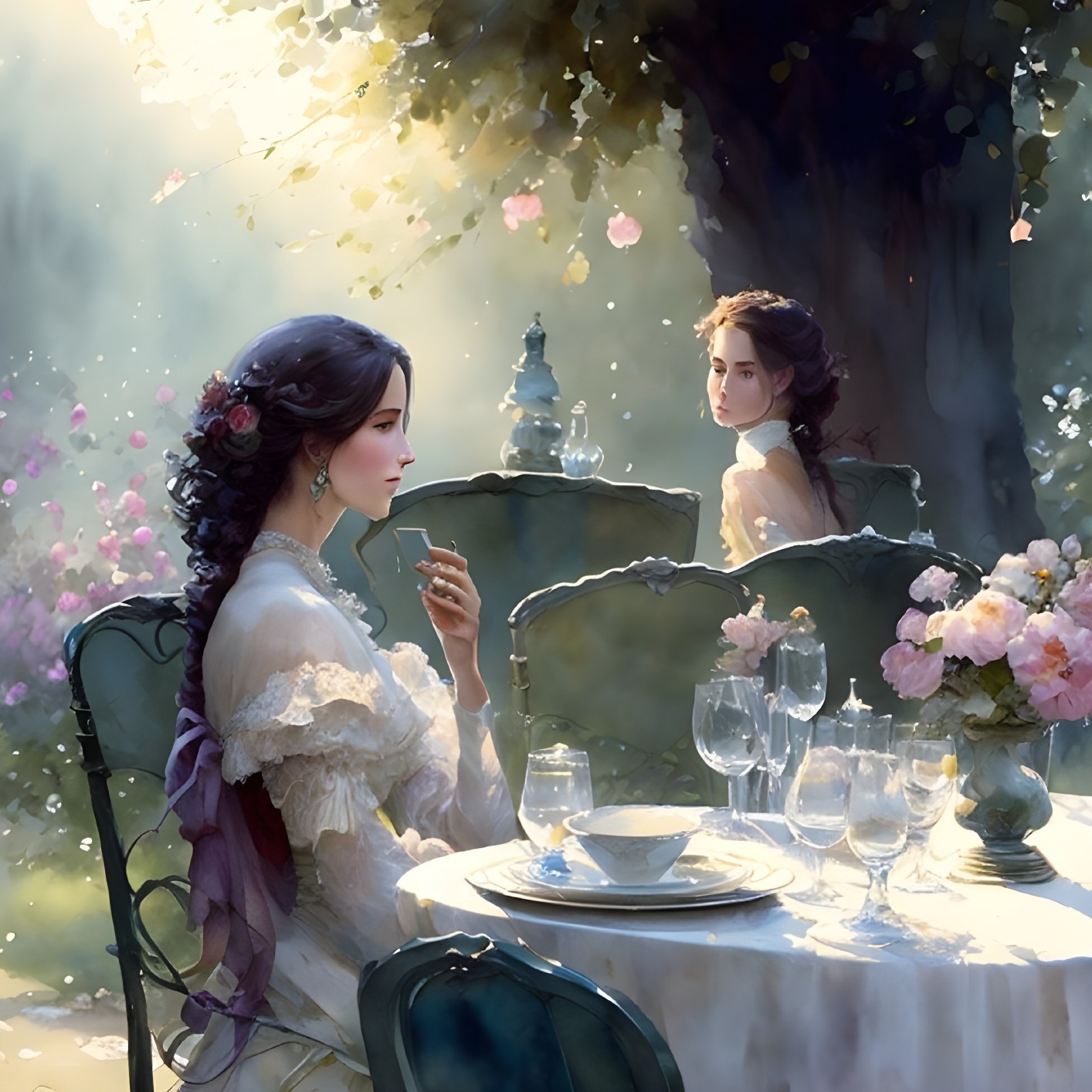 Vintage-dressed woman reflects at garden table with flowers in dappled sunlight