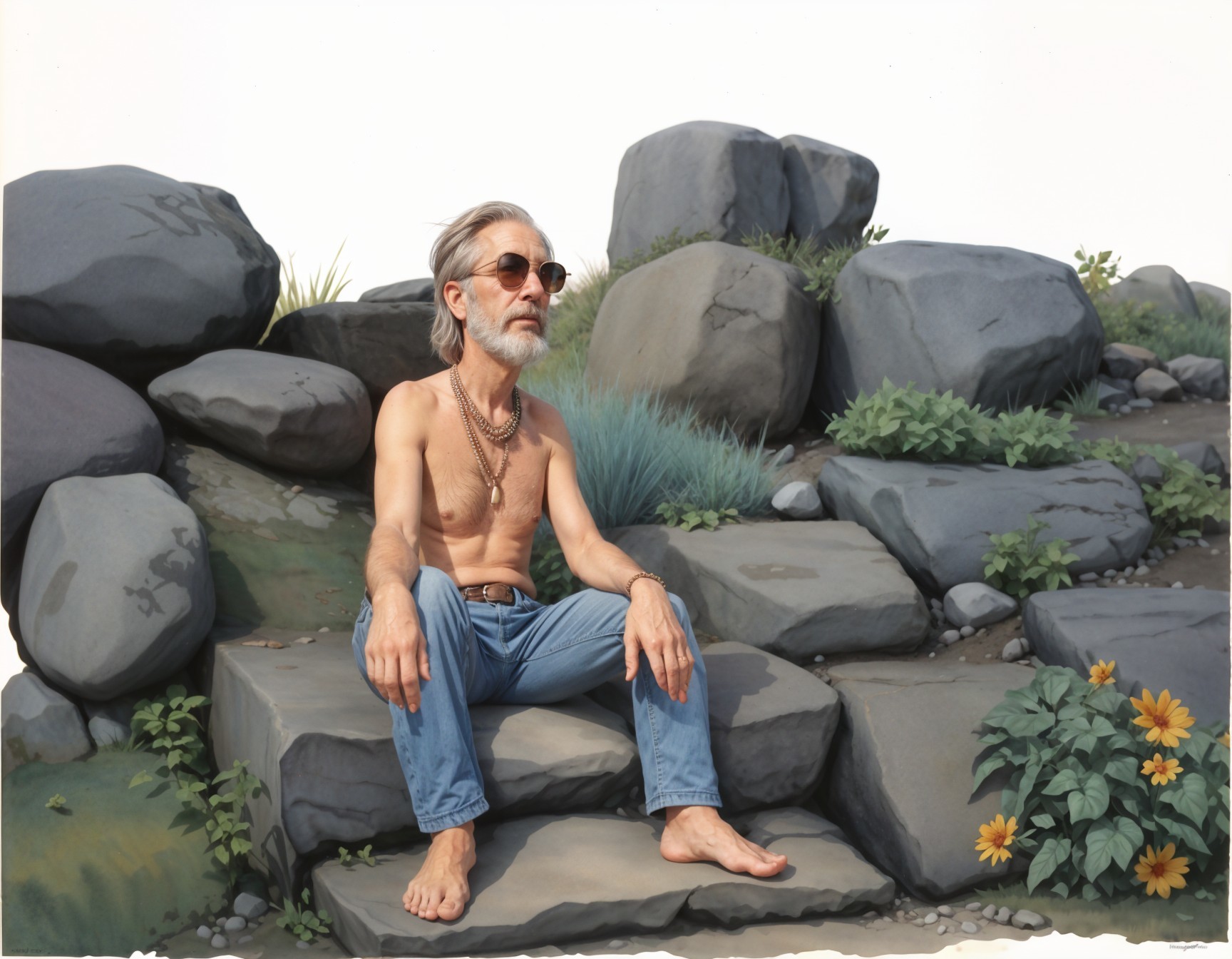 Shirtless Man on Rocky Formation with Natural Surroundings
