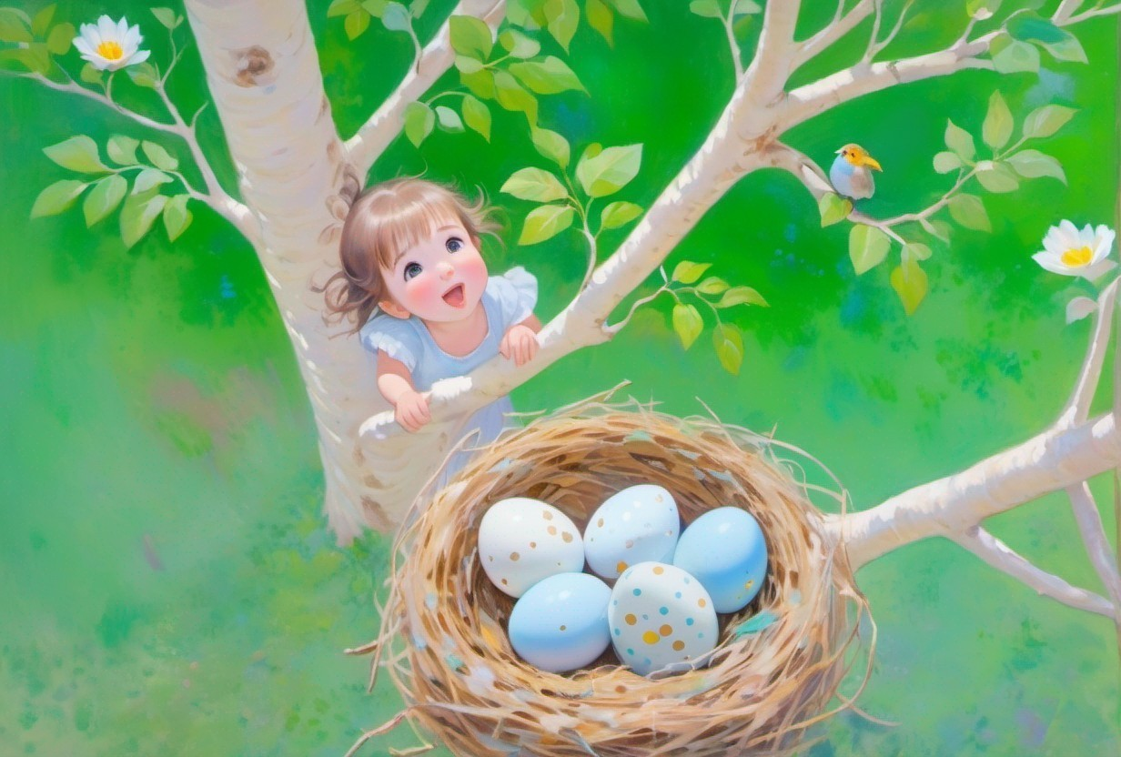 Young girl climbing tree with bird and pastel eggs