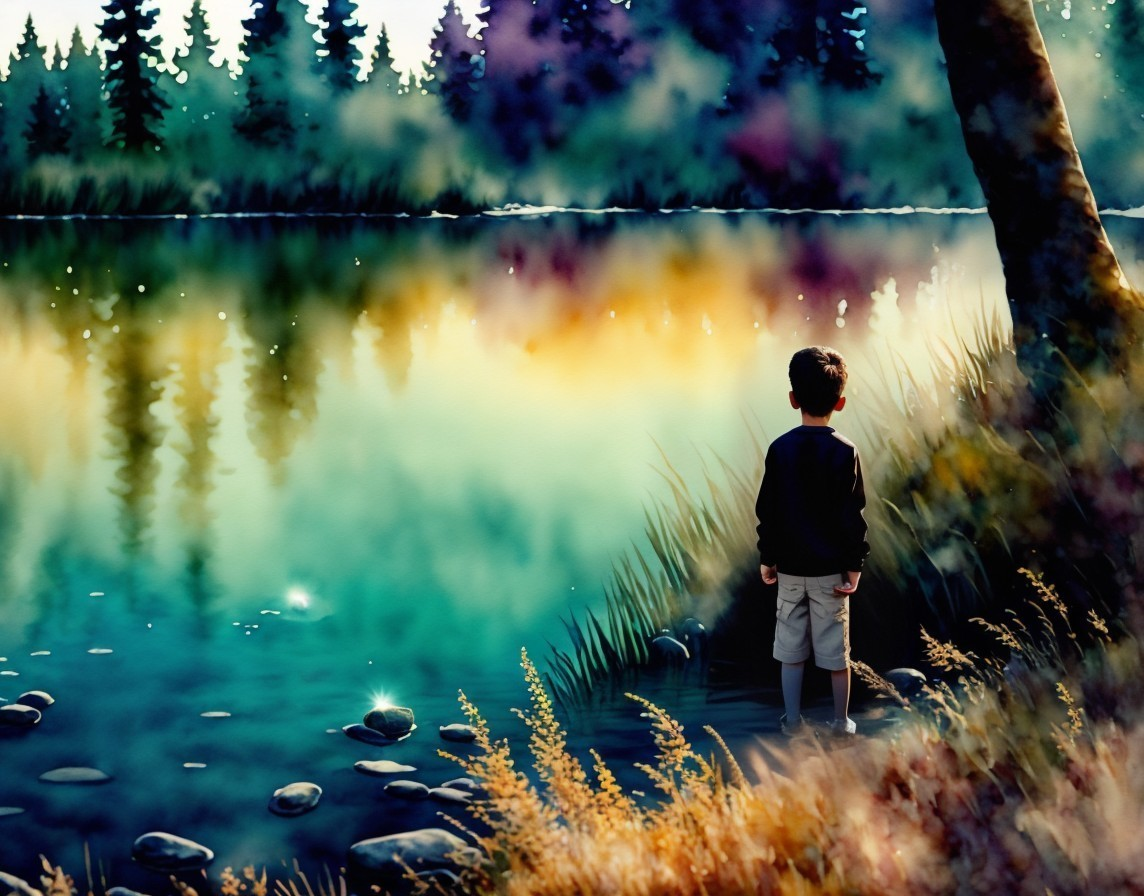Child by Serene Lake at Dusk Surrounded by Nature