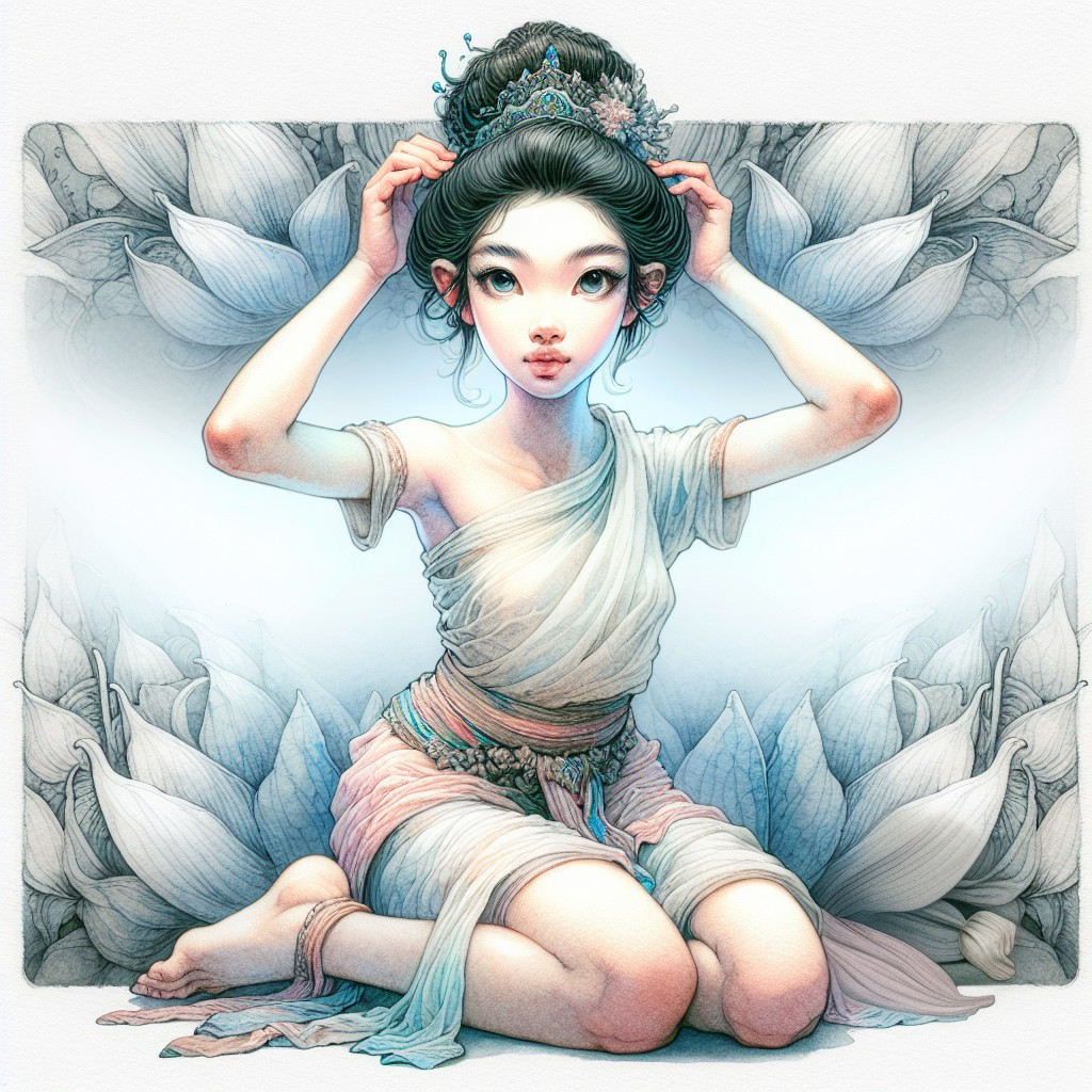 Young girl among blooming lotus flowers in serene setting