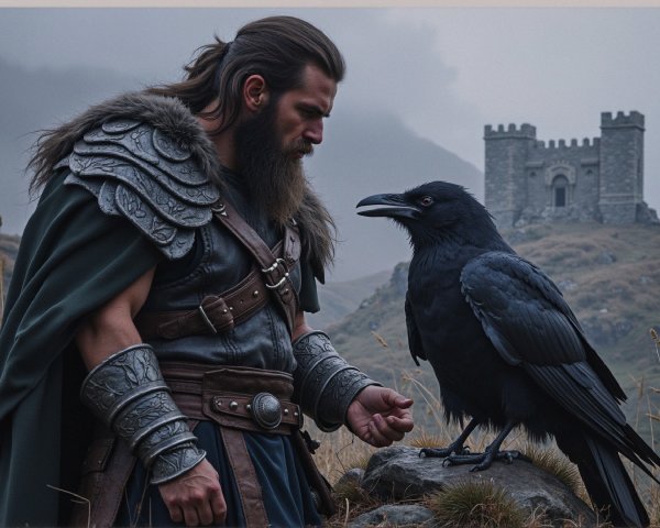 Rugged Warrior in Misty Landscape with Castle and Raven