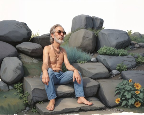 Shirtless Man on Rocky Formation with Natural Surroundings