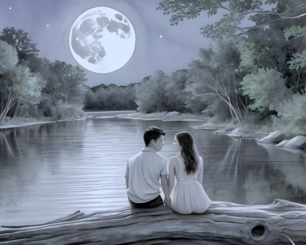 Couple by Moonlit River in Serene Natural Setting