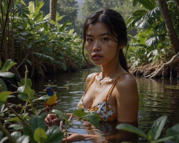 Young Woman in Floral Swimsuit in Tranquil Stream