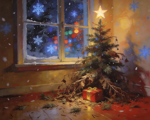 Cozy Christmas Interior with Snowy Window and Tree