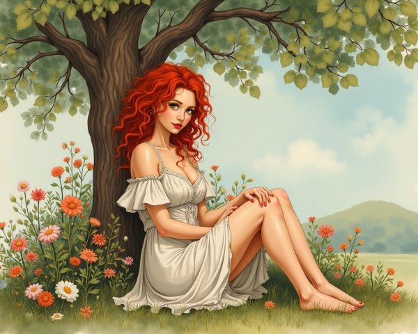Young woman with red hair in a serene landscape