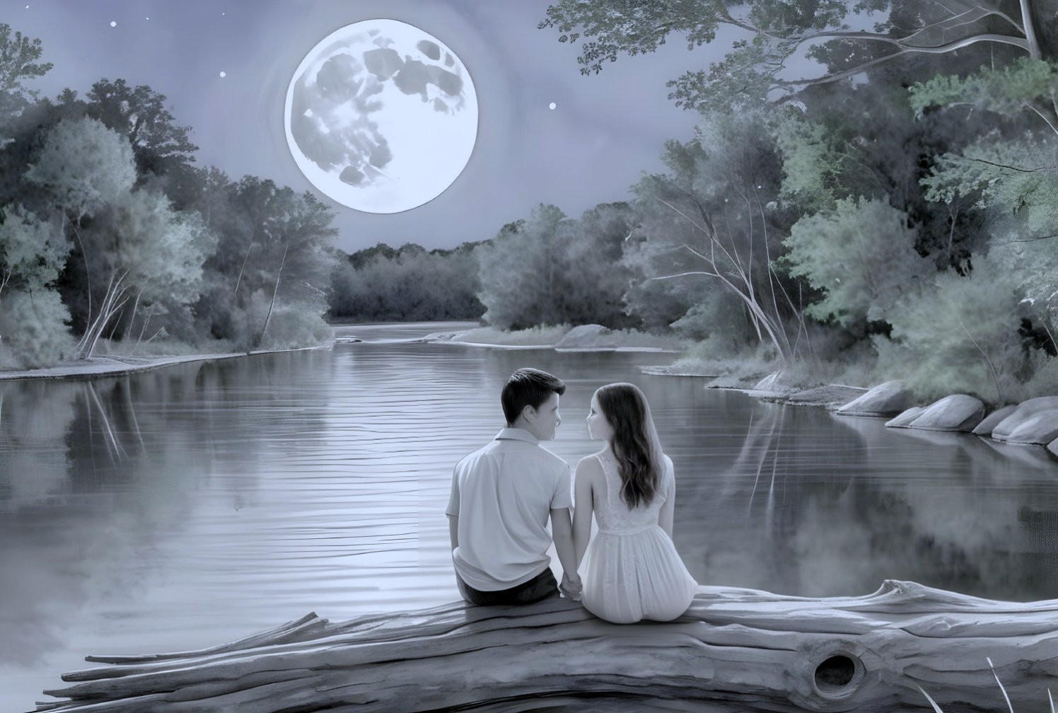 Couple by Moonlit River in Serene Natural Setting