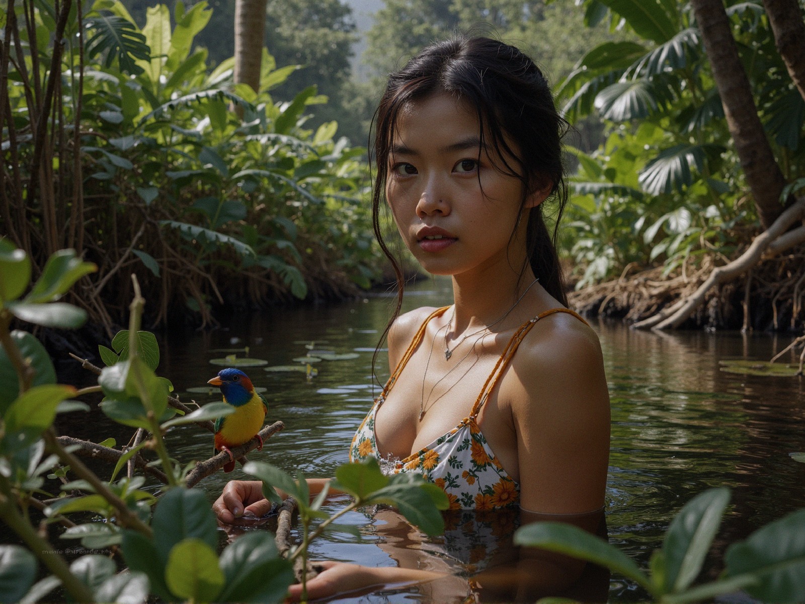 Young Woman in Floral Swimsuit in Tranquil Stream