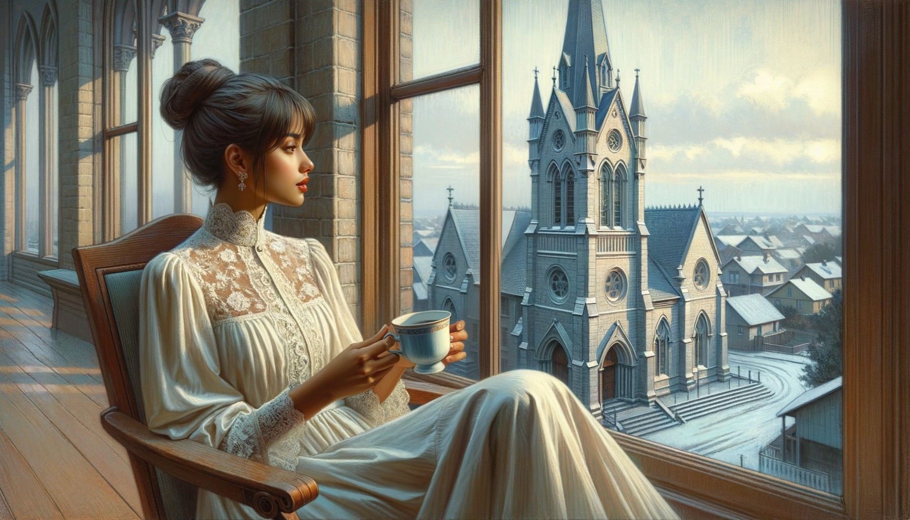 Young Woman in Sunlit Room with Winter Landscape View