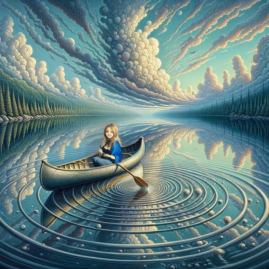 Surreal image: Woman in canoe on mirror-like water with forest and whimsical sky