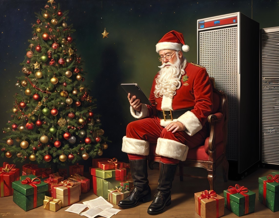Santa Claus Sitting by Christmas Tree and Gifts with Tablet, Starry Backdrop, and Heater