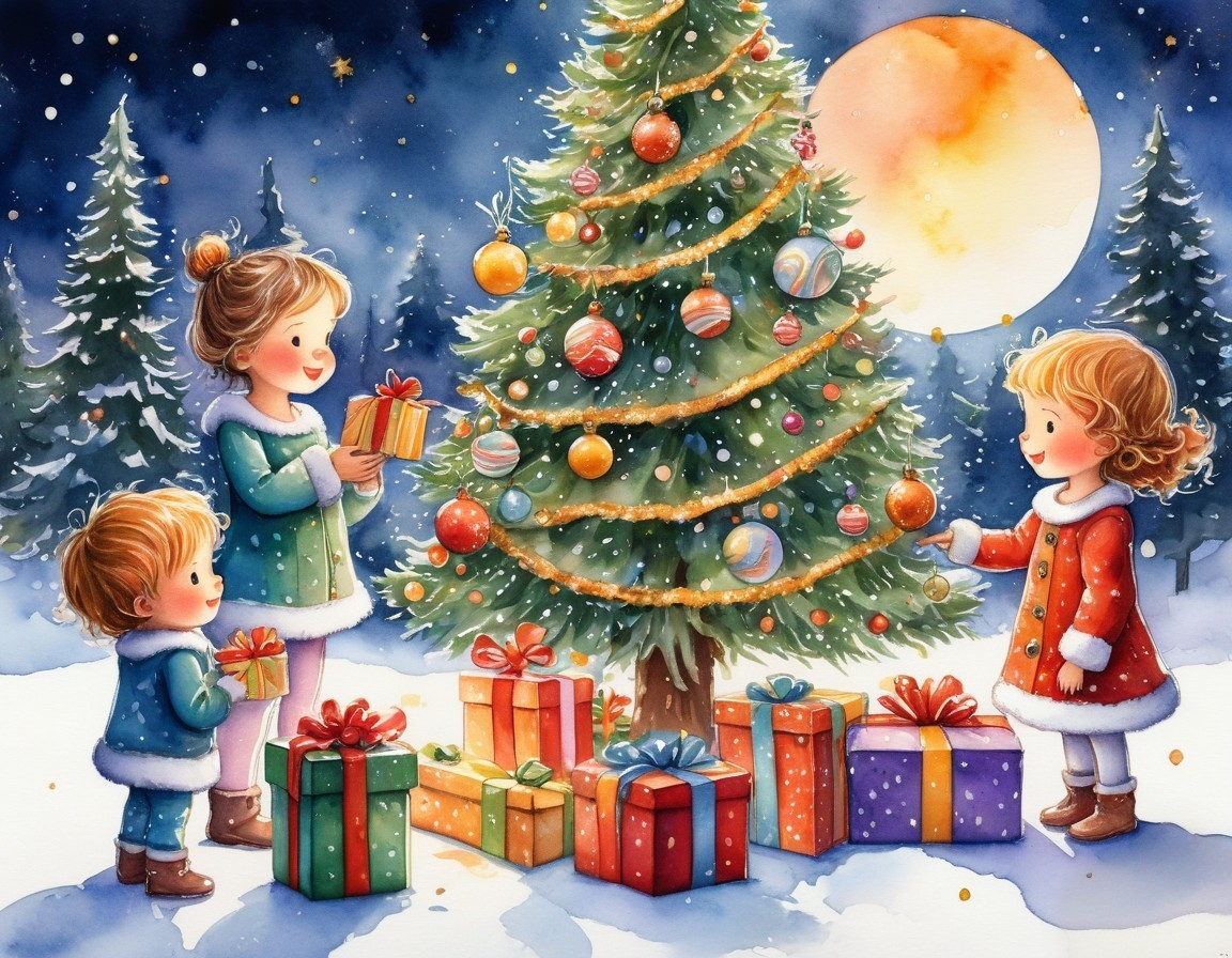 Children in winter clothes around Christmas tree with gifts in snowy night.