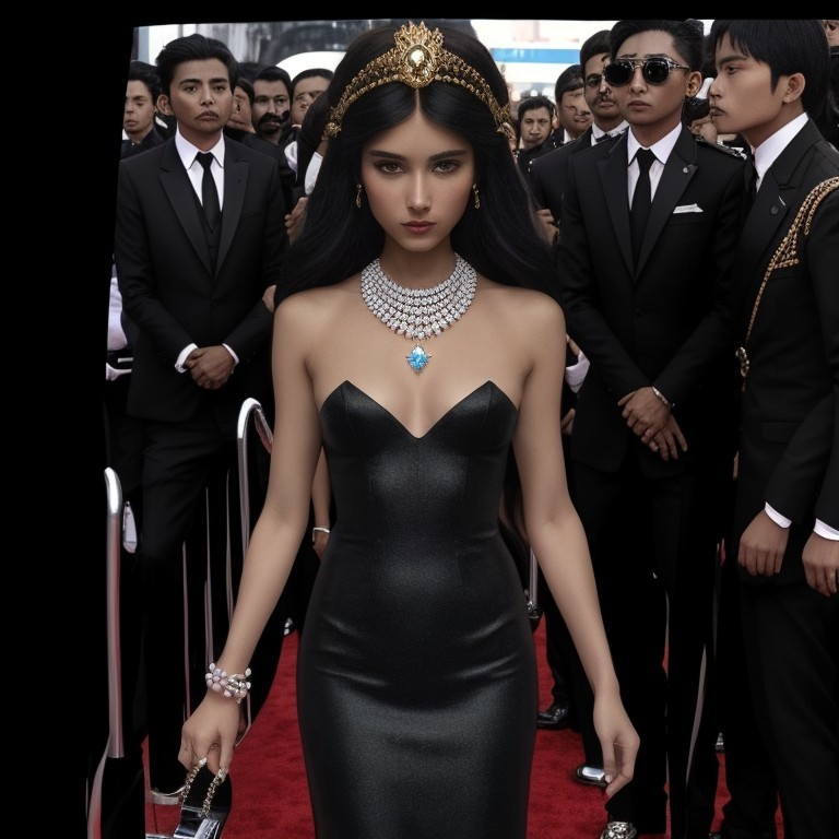Woman in black gown with men in suits and sunglasses in VIP setting