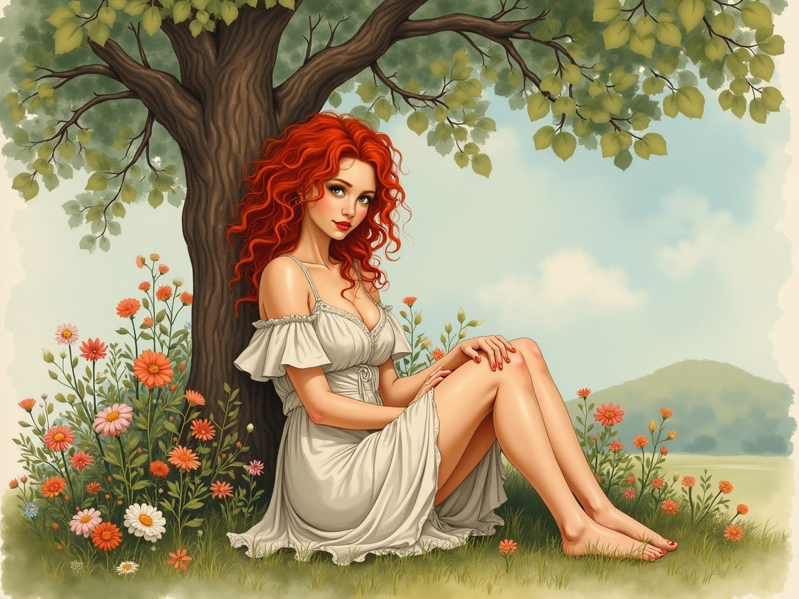 Young woman with red hair in a serene landscape