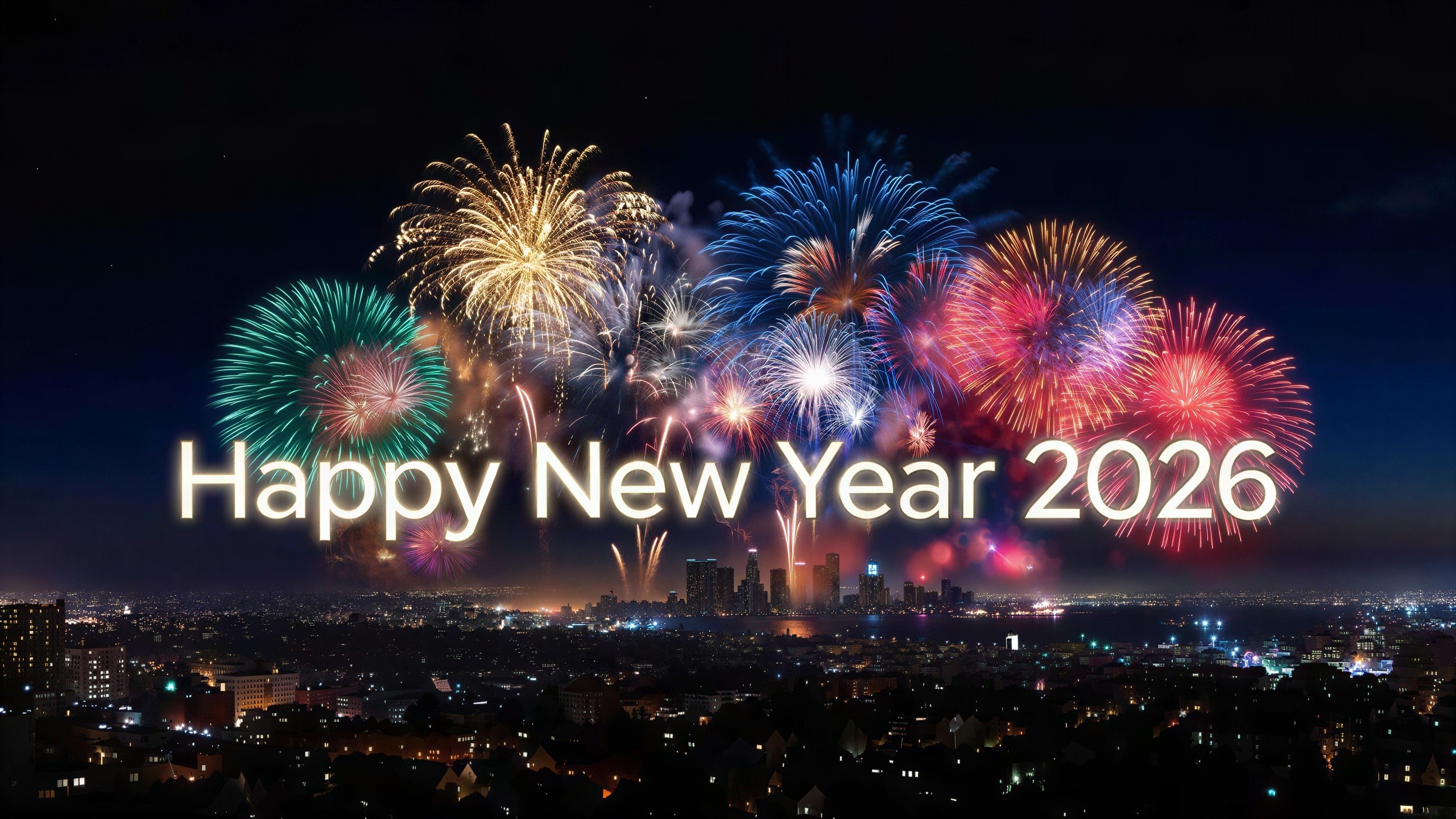 Aerial Night View of City Skyline with Fireworks Display