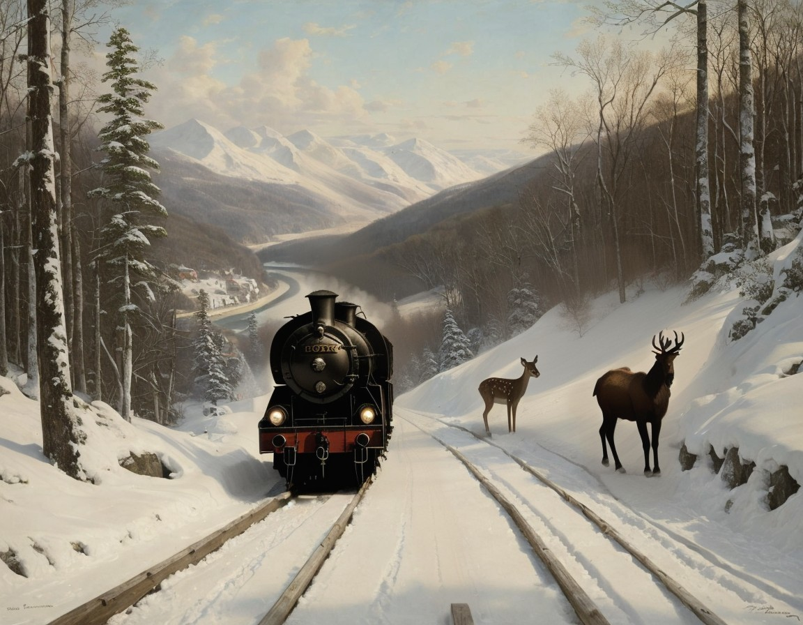 Vintage train on snowy tracks with deer in winter landscape