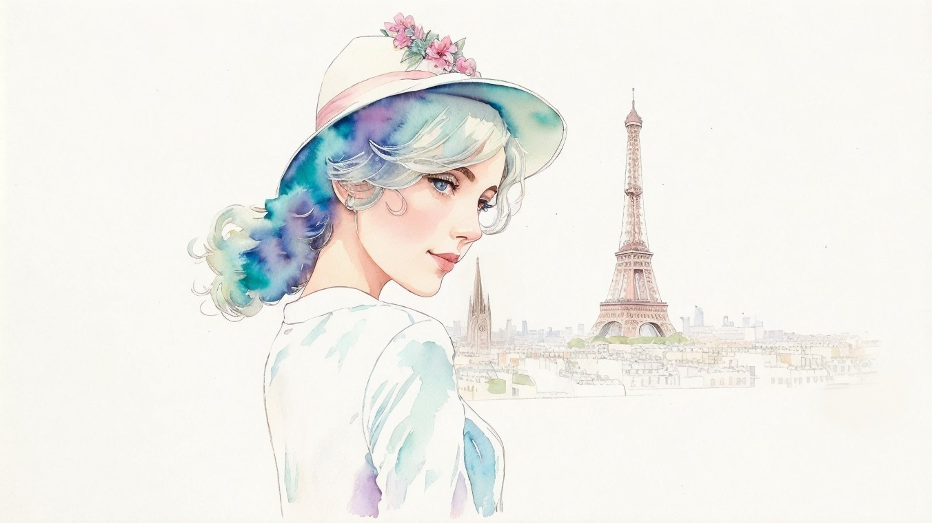 Paris in Watercolor; Woman at Eiffel