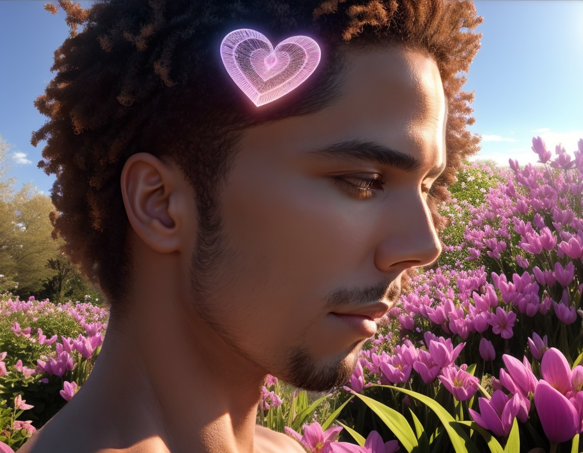 Digital Portrait with Glowing Heart Icon and Flowers